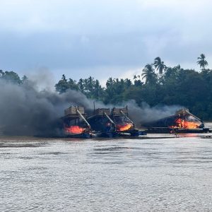 Polsek Cerenti Tunjukkan Aksi Heroik Tertibkan PETI, 11 Rakit Dimusnahkan di Sungai Kuantan